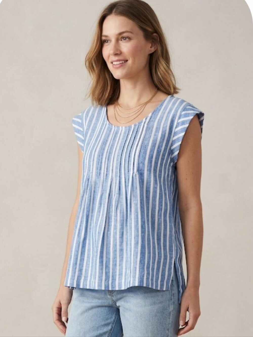 Lands' End Linen Striped Short Sleeve Top Blue White Pleated Babydoll Blouse 2